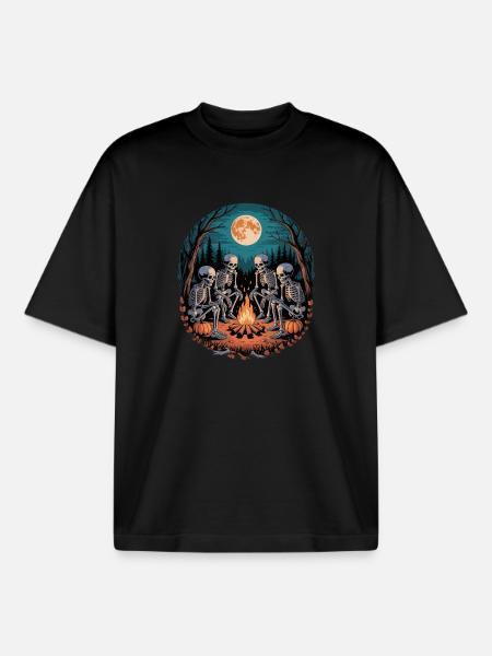 Skeleton Camper Hiker Bonfire Halloween Camping - Boxy Heavyweight Unisex Organic T-Shirt by Stanley/Stella - black