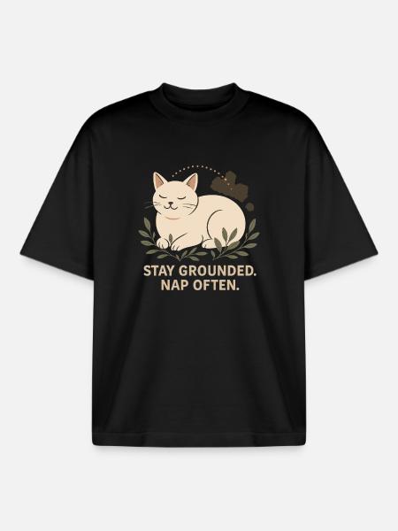 Stay Grounded. Sleep Often. Cat Illustration - Boxy Heavyweight Unisex Organic T-Shirt by Stanley/Stella - black