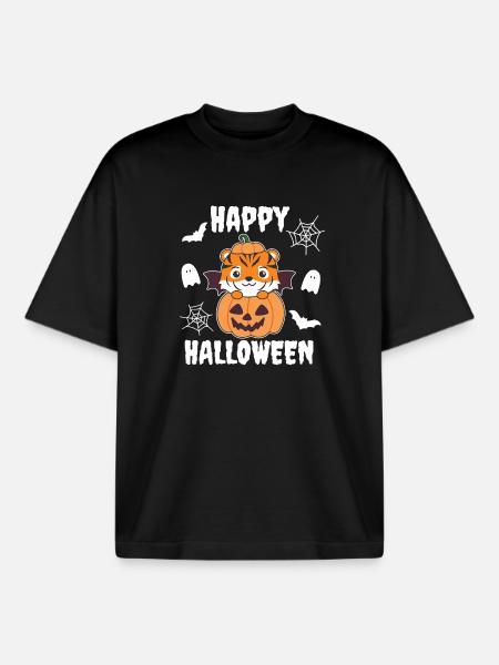 Tiger Happy Halloween Pumpkin Bat Costume - Boxy Heavyweight Unisex Organic T-Shirt by Stanley/Stella - black
