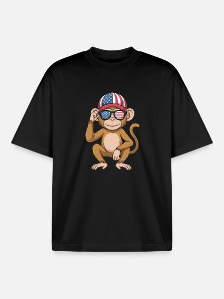 Funny Monkey USA Flag Independence Day 4th of July - Boxy Heavyweight Unisex Organic T-Shirt by Stanley/Stella - black