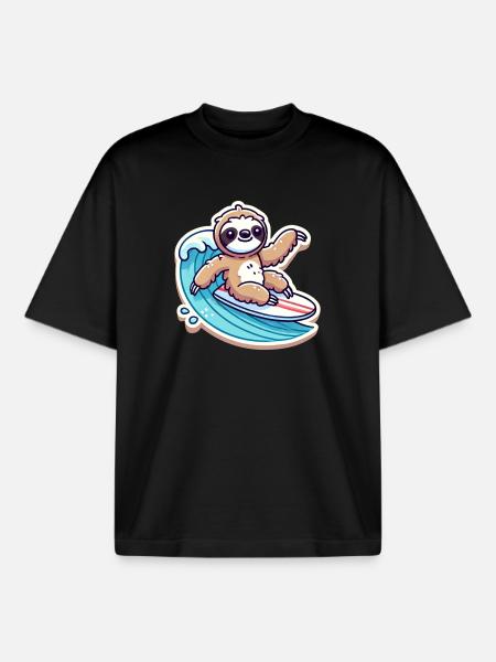 Cute Sloth Waves Surfer - Boxy Heavyweight Unisex Organic T-Shirt by Stanley/Stella - black