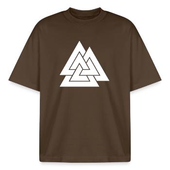 Imbrication triangulaire géométrique - T-shirt unisexe boxy épais biologique Stanley/Stella - marron foncé - Devant - AI Model Male 185 light (185cm) & AI Model Female 172 dark (172cm)