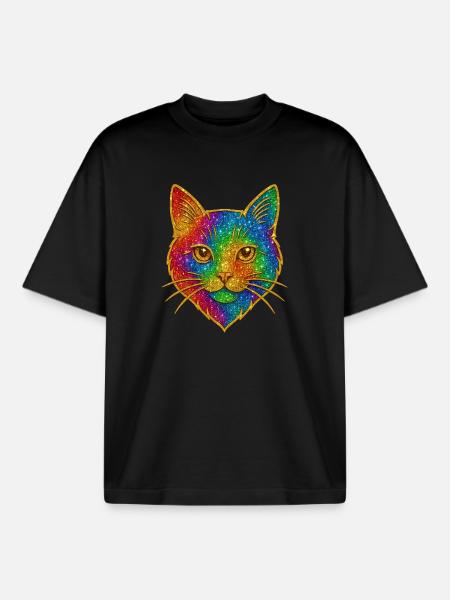 Rainbow Glitter Cat Gold Rim - Boxy Heavyweight Unisex Organic T-Shirt by Stanley/Stella - black
