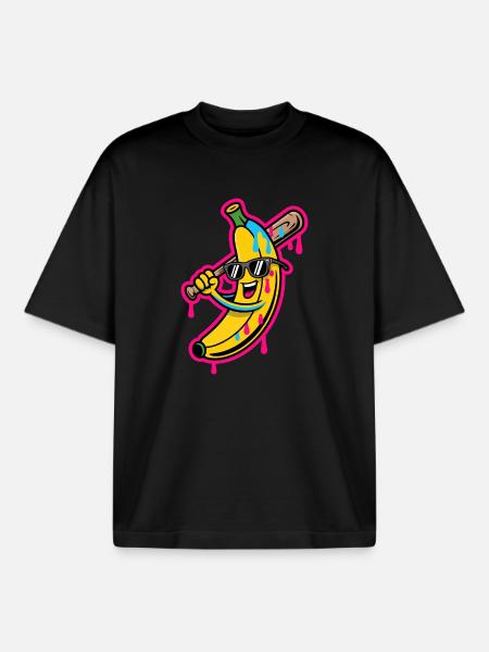 Banana Cartoon Baseball Humor - Boxy Heavyweight Unisex Organic T-Shirt by Stanley/Stella - black