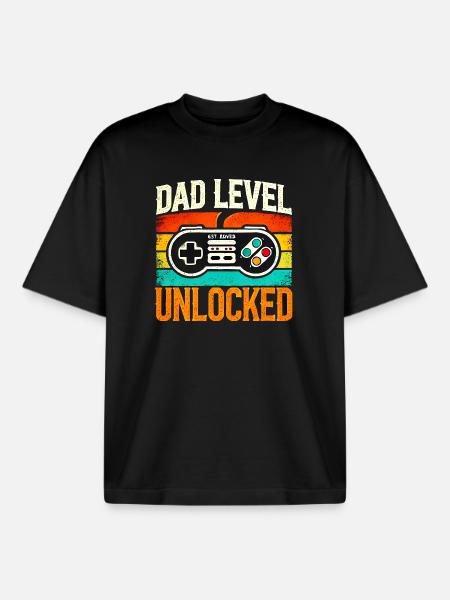Dad Level Unlocked Retro Controller, Fathers - Boxy Heavyweight Unisex Organic T-Shirt by Stanley/Stella - black