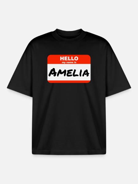 Hello My Name Is Amelia Label Name Tag - Boxy Heavyweight Unisex Organic T-Shirt by Stanley/Stella - black