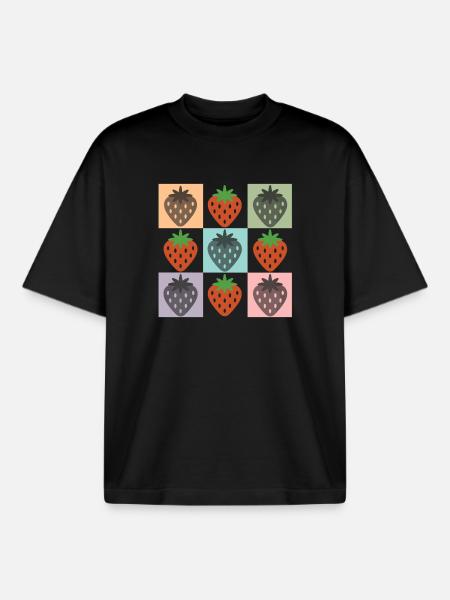 Pastel Strawberry Grid Chekered Strawberry - Boxy Heavyweight Unisex Organic T-Shirt by Stanley/Stella - black