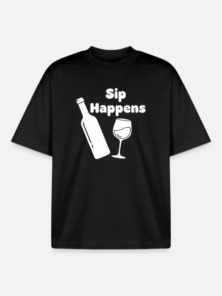 Sip Happens Wine Bottle Glass - Boxy Heavyweight Unisex Organic T-Shirt by Stanley/Stella - black