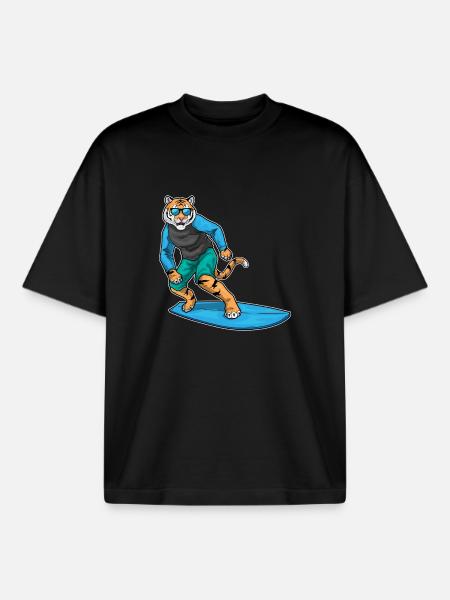 Tiger Surfing Surfboard Summer - Boxy Heavyweight Unisex Organic T-Shirt by Stanley/Stella - black