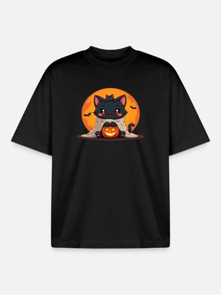 Halloween Cat with Halloween Pumpkin - Boxy Heavyweight Unisex Organic T-Shirt by Stanley/Stella - black