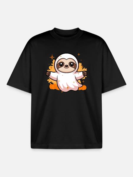 Cute Sloth Ghost Costume with Pumpkins - Boxy Heavyweight Unisex Organic T-Shirt by Stanley/Stella - black