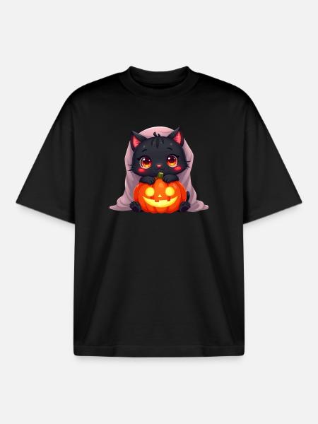 Halloween Cat with Halloween Pumpkin - Boxy Heavyweight Unisex Organic T-Shirt by Stanley/Stella - black