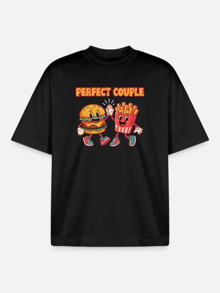 Perfekt par burger og pommes frites sjov illustration - Stanley/Stella unisex boxy heavyweight T-shirt økologisk - sort