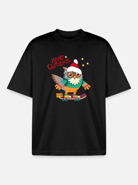 Christmas Owl on Skateboard - Boxy Heavyweight Unisex Organic T-Shirt by Stanley/Stella - black