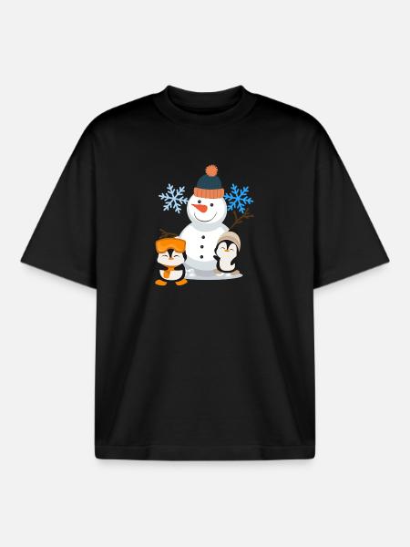 Winter Joy Snowman Penguins - Boxy Heavyweight Unisex Organic T-Shirt by Stanley/Stella - black