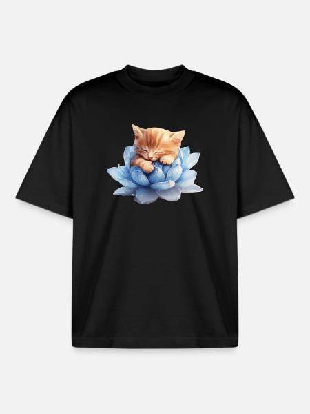 Kitten resting on blue succulents - Boxy Heavyweight Unisex Organic T-Shirt by Stanley/Stella - black