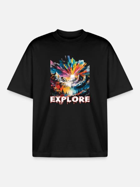 Colourful landscape with 'Explore' print - Boxy Heavyweight Unisex Organic T-Shirt by Stanley/Stella - black
