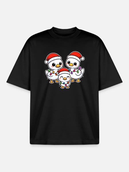 Santa Duck Trio with Christmas Lights - Boxy Heavyweight Unisex Organic T-Shirt by Stanley/Stella - black