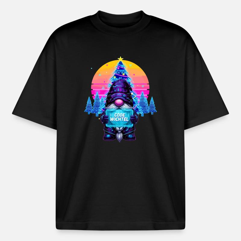 Cyberpunk Code Gnome - Synthwave Noël Nerd - T-shirt unisexe boxy épais biologique Stanley/Stella - noir