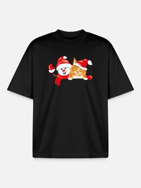 Waving happy snowman and ginger cat - Boxy Heavyweight Unisex Organic T-Shirt by Stanley/Stella - black
