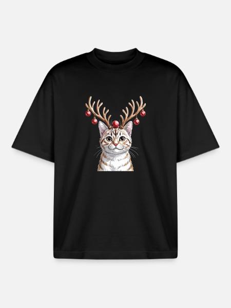 Kätzchen Mit Rentiergeweih Und Weihnachtskugeln - Boxy Heavyweight Unisex Organic T-Shirt von Stanley/Stella - Schwarz