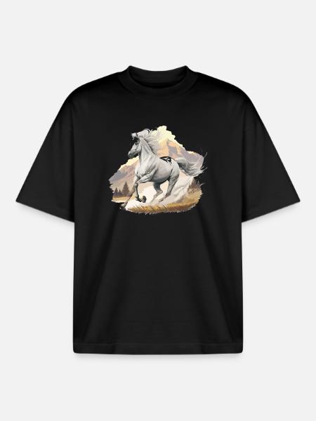 Hoch springendes Pferd in Berglandschaft - Boxy Heavyweight Unisex Organic T-Shirt von Stanley/Stella - Schwarz