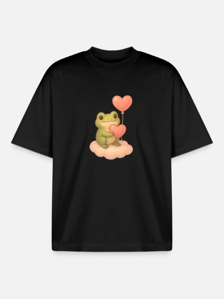 Kawaii Frog – Heart Balloon & Cloud - Boxy Heavyweight Unisex Organic T-Shirt by Stanley/Stella - black