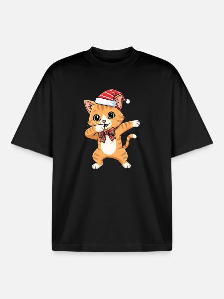 Funny Christmas cat dancing dabbing - Boxy Heavyweight Unisex Organic T-Shirt by Stanley/Stella - black