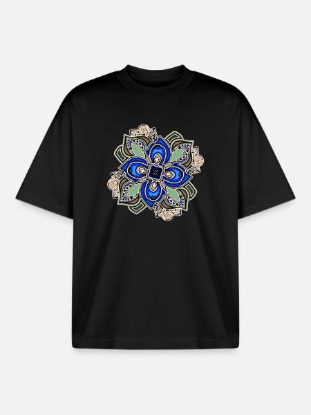 Teal Extravagant Mandala Flower - Boxy Heavyweight Unisex Organic T-Shirt by Stanley/Stella - black