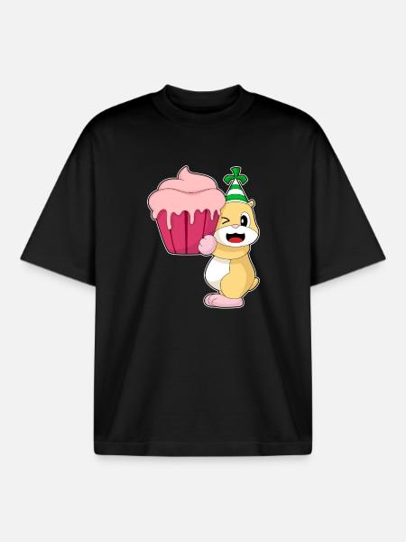 Hamster Birthday Cupcake - Boxy Heavyweight Unisex Organic T-Shirt by Stanley/Stella - black