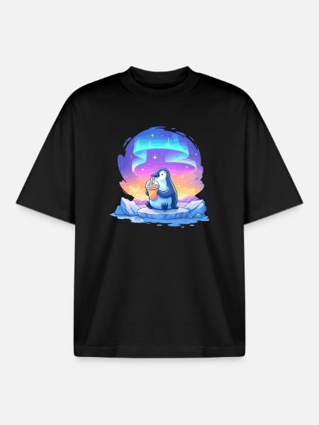 Aurora-Pinguin mit Getränk - Boxy Heavyweight Unisex Organic T-Shirt von Stanley/Stella - Schwarz