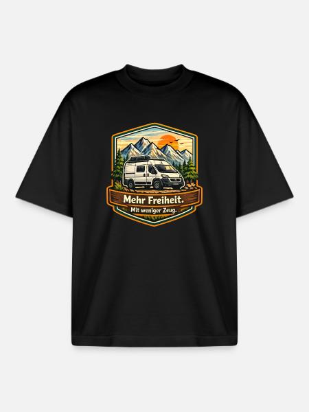 Camping-More Freedom-With Less Stuff-Camper - Boxy Heavyweight Unisex Organic T-Shirt by Stanley/Stella - black