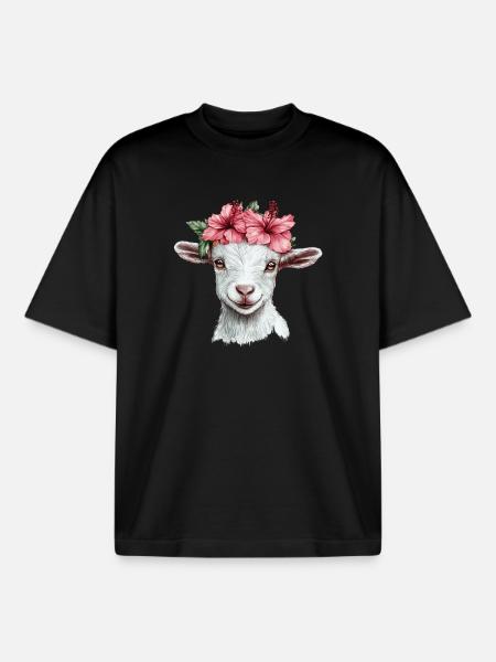 Goat with hibiscus wreath - Boxy Heavyweight Unisex Organic T-Shirt by Stanley/Stella - black