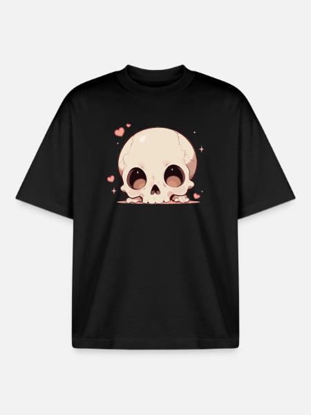 Cuddly Skull Heart Cartoon - Boxy Heavyweight Unisex Organic T-Shirt by Stanley/Stella - black