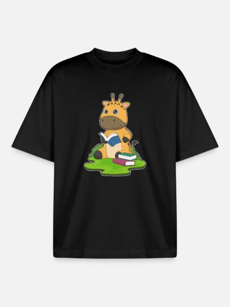 Giraffe Nerd Book - Boxy Heavyweight Unisex Organic T-Shirt by Stanley/Stella - black