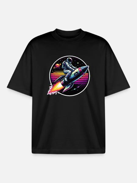 Astronaut on rocket in retro sunset - Boxy Heavyweight Unisex Organic T-Shirt by Stanley/Stella - black