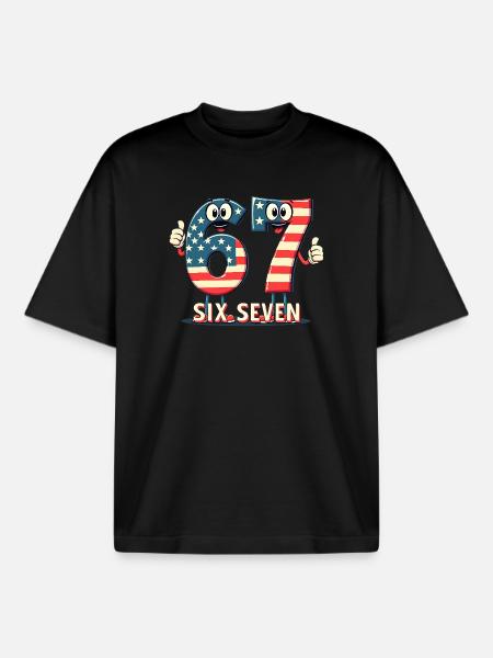 US Flag 67 Memes Six Seven - Boxy Heavyweight Unisex Organic T-Shirt by Stanley/Stella - black