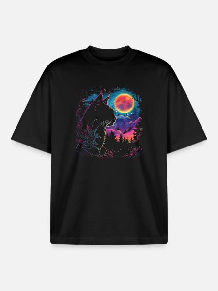 Cat sleep in neon night - Boxy Heavyweight Unisex Organic T-Shirt by Stanley/Stella - black