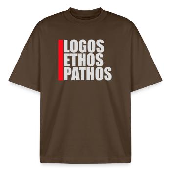 Logos Ethos Pathos Rhétorique Étudiant en Philosophie - T-shirt unisexe boxy épais biologique Stanley/Stella - marron foncé - Devant - AI Model Male 185 light (185cm) & AI Model Female 172 dark (172cm)