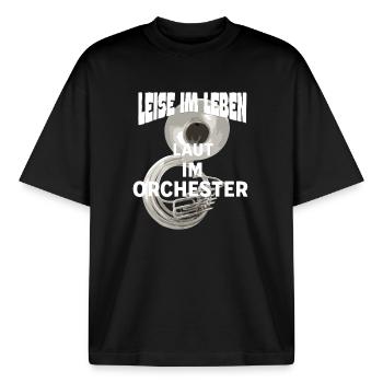 Sousaphon Leise im Leben Laut im Orchester - Boxy Heavyweight Unisex Organic T-Shirt von Stanley/Stella - Schwarz - Vorne - AI Model Male 185 light (185cm) & AI Model Female 172 dark (172cm)