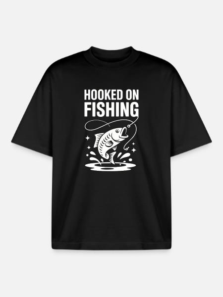 Hooked On Fishing - Angler Spruch - Boxy Heavyweight Unisex Organic T-Shirt by Stanley/Stella - black