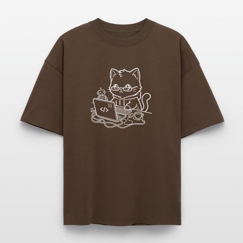 Coder Kawaii Cat Programmer Boxy Heavyweight Unisex Organic T-Shirt by Stanley/Stella