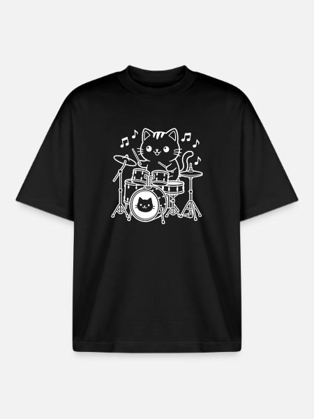 Kawaii Cat Drummer - Boxy Heavyweight Unisex Organic T-Shirt by Stanley/Stella - black
