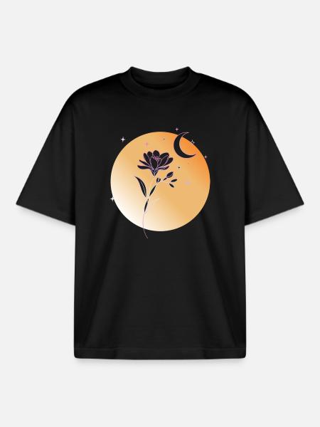 Freesia with Moon Line Art Illustration - Boxy Heavyweight Unisex Organic T-Shirt by Stanley/Stella - black