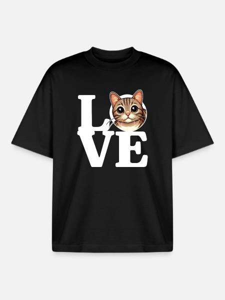 LOVE Tabby Cat Cat Lover Funny - Boxy Heavyweight Unisex Organic T-Shirt by Stanley/Stella - black