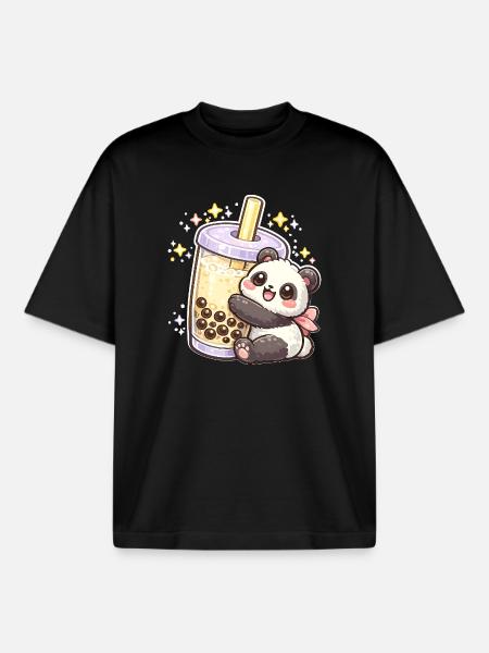 Panda Bubble Tea Cuddle Motif - Boxy Heavyweight Unisex Organic T-Shirt by Stanley/Stella - black