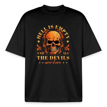 Ironie Hell Is Empty And All The Devils Are Here - Boxy Heavyweight Unisex Organic T-Shirt von Stanley/Stella - Schwarz - Vorne - AI Model Male 185 light (185cm) & AI Model Female 172 dark (172cm)