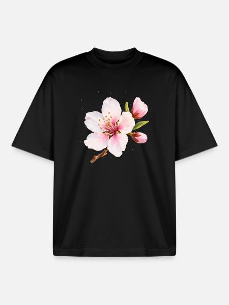Almond Blossom Pink Spring Flower - Boxy Heavyweight Unisex Organic T-Shirt by Stanley/Stella - black