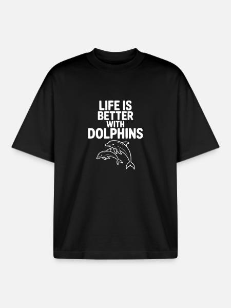 Life is Better with Dolphins - Boxy Heavyweight Unisex Organic T-Shirt by Stanley/Stella - black