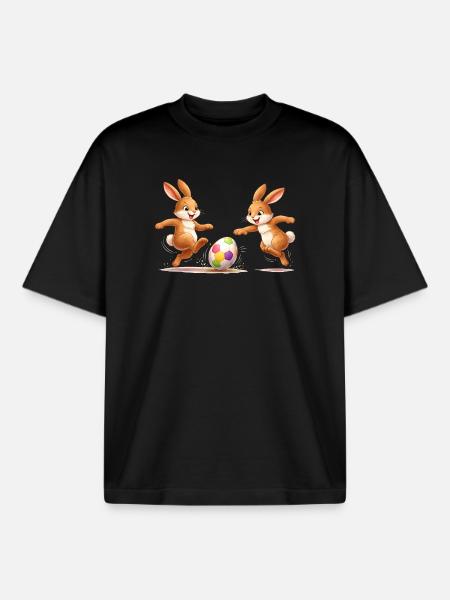 Easter bunnies playing soccer with colorful easter egg - Boxy Heavyweight Unisex Organic T-Shirt by Stanley/Stella - black